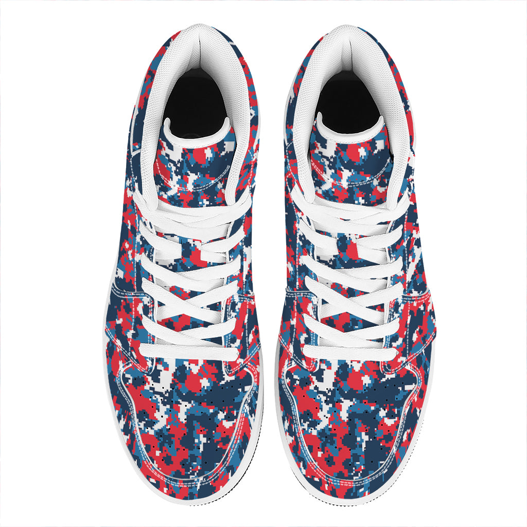 Blue Red And White Digital Camo Print High Top Leather Sneakers