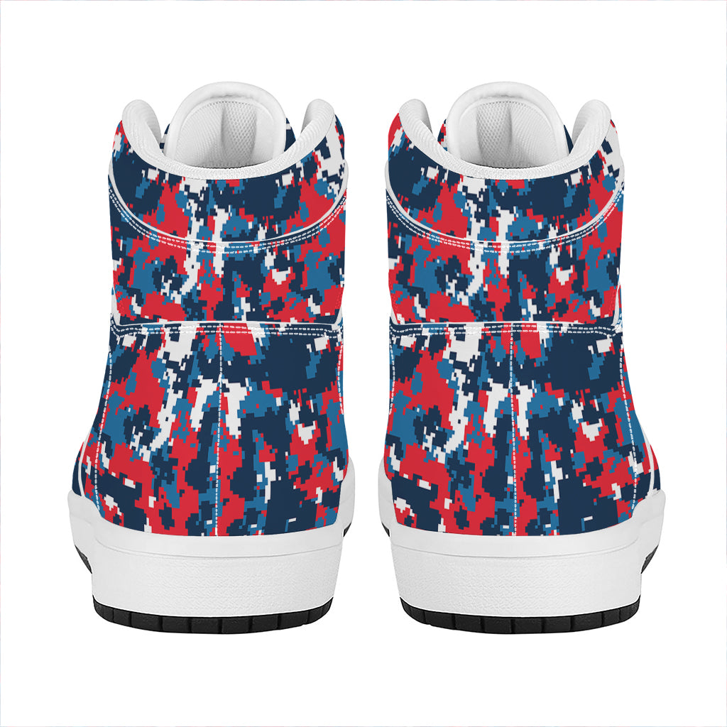 Blue Red And White Digital Camo Print High Top Leather Sneakers