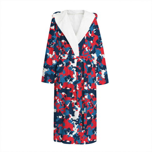 Blue Red And White Digital Camo Print Hooded Bathrobe