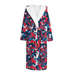 Blue Red And White Digital Camo Print Hooded Bathrobe