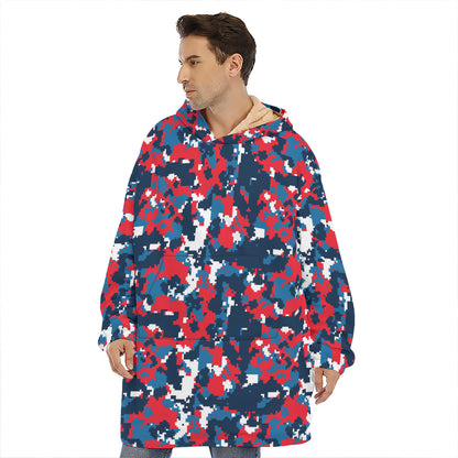 Blue Red And White Digital Camo Print Hoodie Blanket