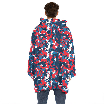Blue Red And White Digital Camo Print Hoodie Blanket