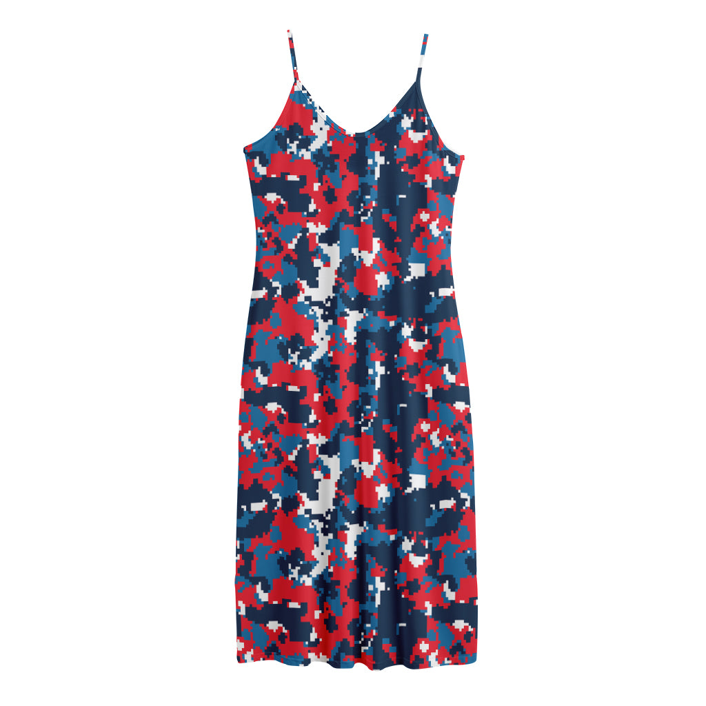 Blue Red And White Digital Camo Print Jersey Midi Cami Dress