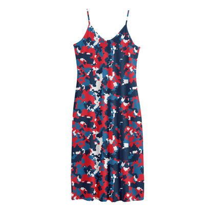 Blue Red And White Digital Camo Print Jersey Midi Cami Dress