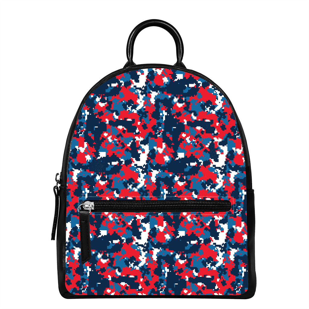 Blue Red And White Digital Camo Print Leather Backpack