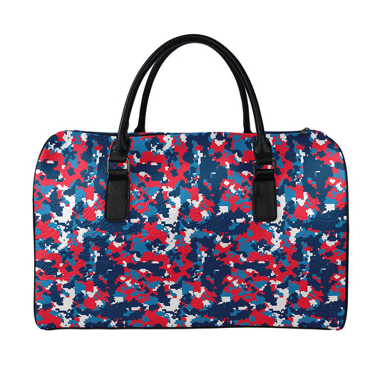Blue Red And White Digital Camo Print Leather Duffle Bag