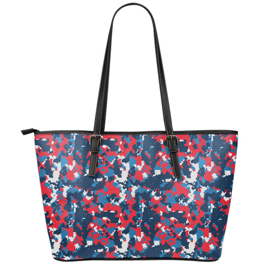 Blue Red And White Digital Camo Print Leather Tote Bag