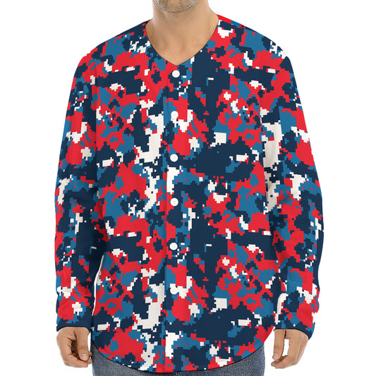 Blue Red And White Digital Camo Print Long Sleeve Baseball Jersey
