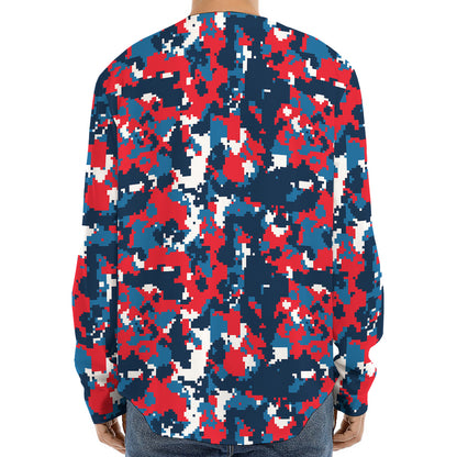 Blue Red And White Digital Camo Print Long Sleeve Baseball Jersey