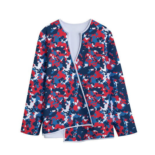 Blue Red And White Digital Camo Print Long Sleeve Short Coat
