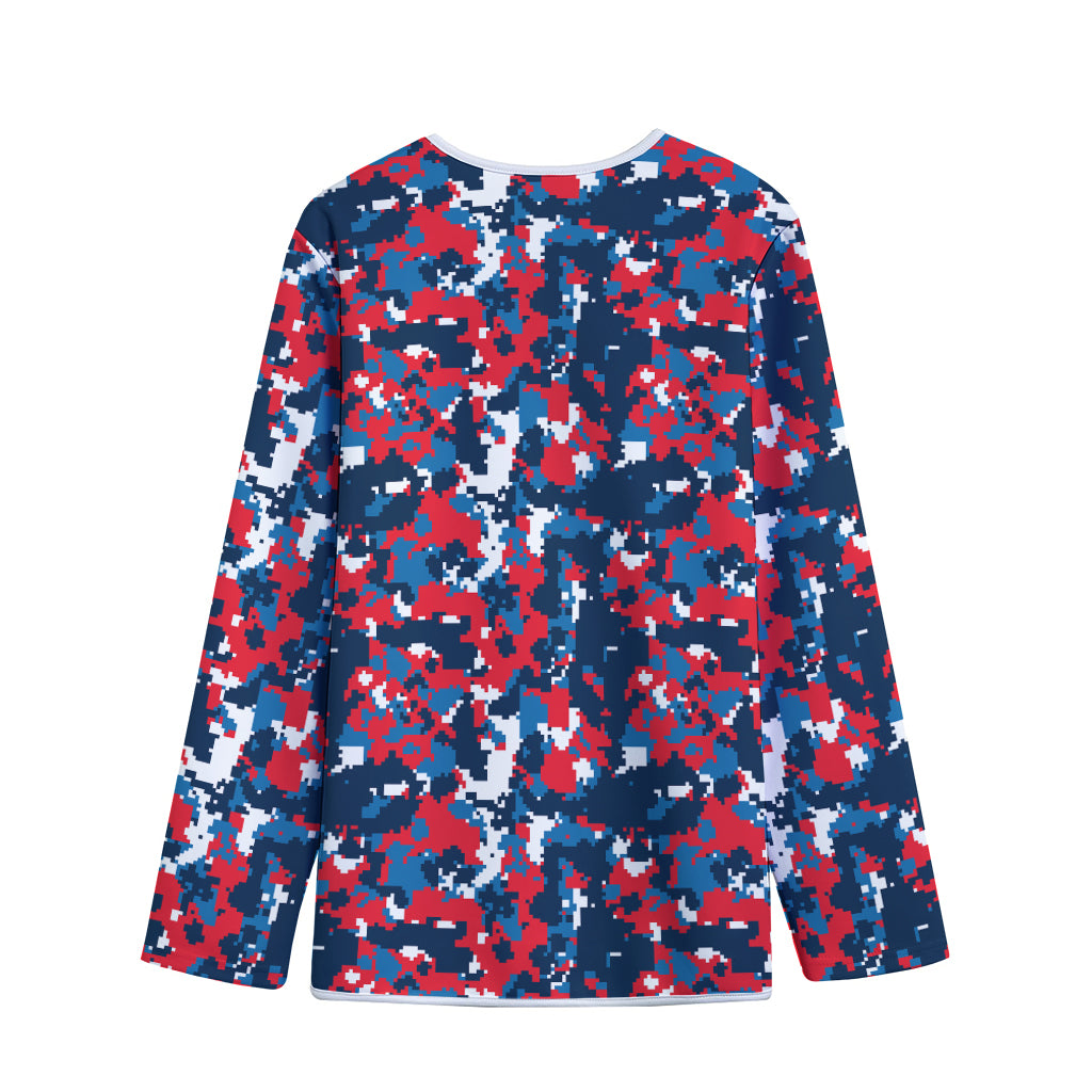 Blue Red And White Digital Camo Print Long Sleeve Short Coat