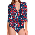 Blue Red And White Digital Camo Print Long Sleeve Swimsuit