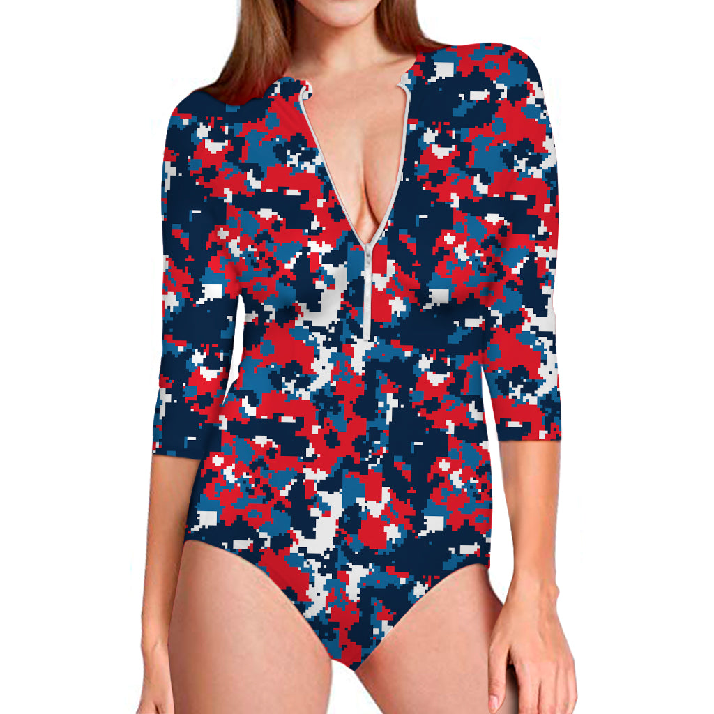 Blue Red And White Digital Camo Print Long Sleeve Swimsuit