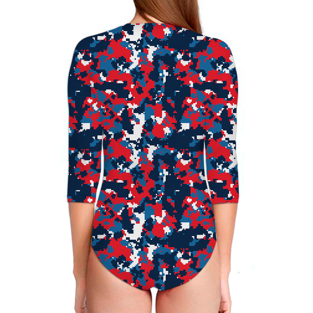 Blue Red And White Digital Camo Print Long Sleeve Swimsuit