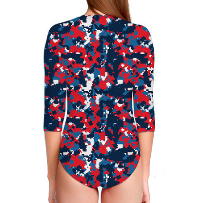 Blue Red And White Digital Camo Print Long Sleeve Swimsuit