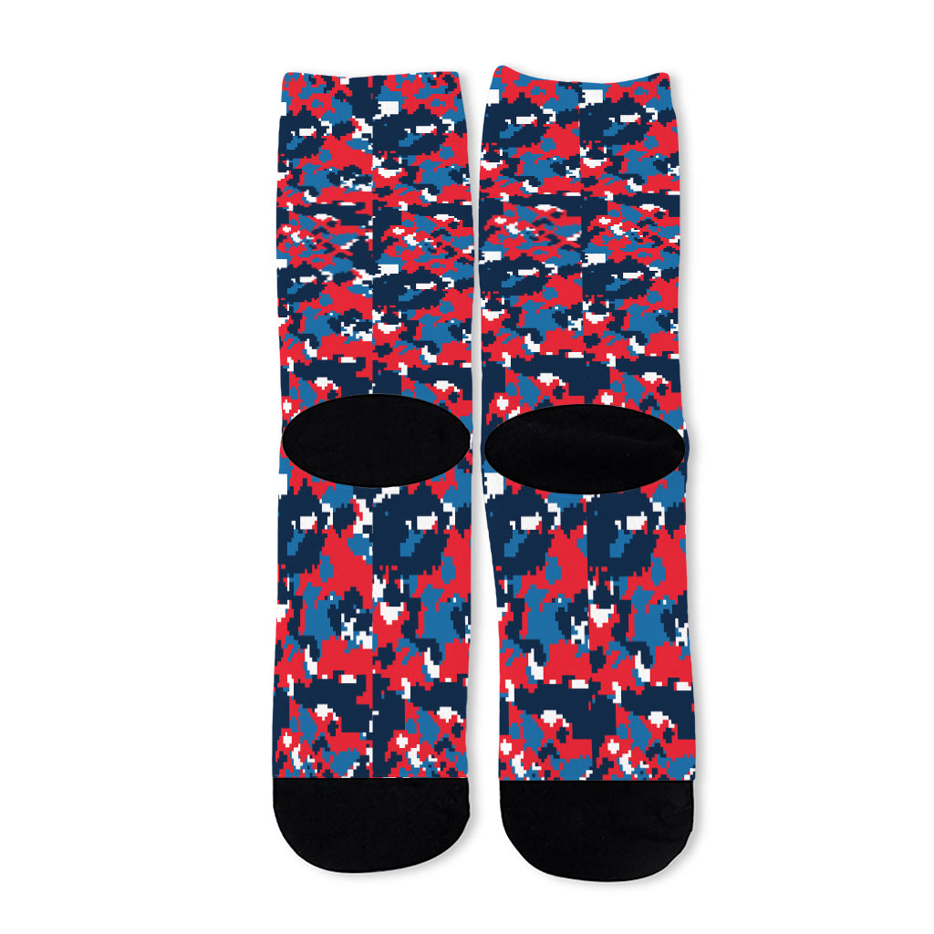 Blue Red And White Digital Camo Print Long Socks
