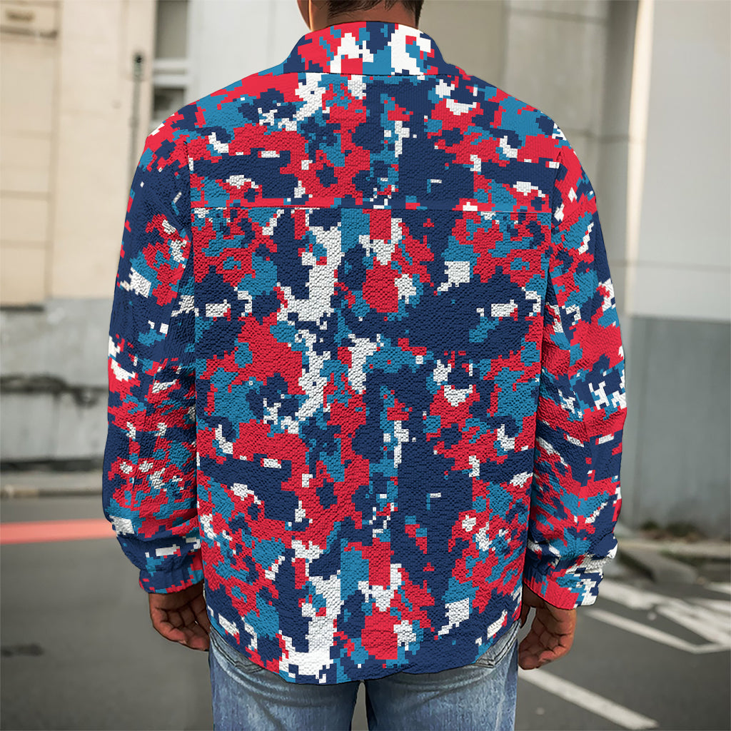 Blue Red And White Digital Camo Print Men's Shirt Jacket