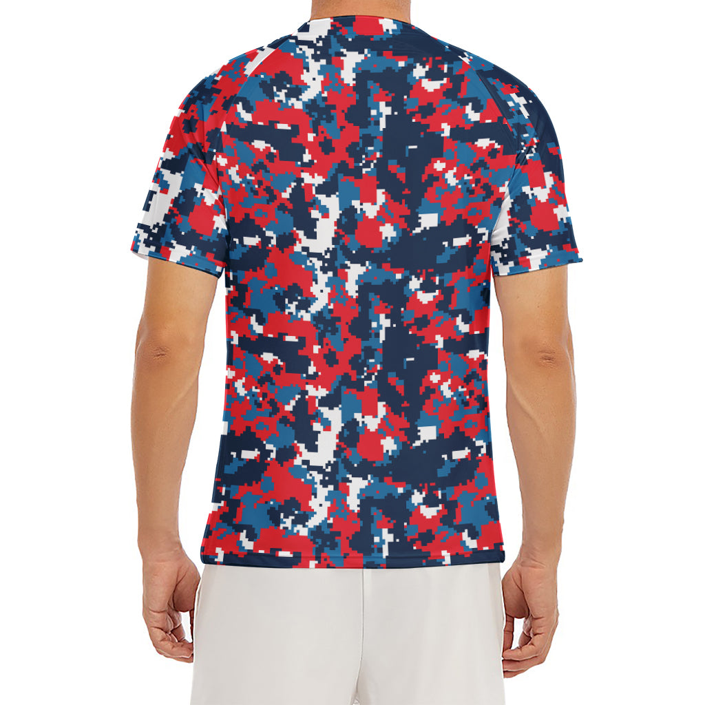 Blue Red And White Digital Camo Print Men's Short Sleeve Rash Guard