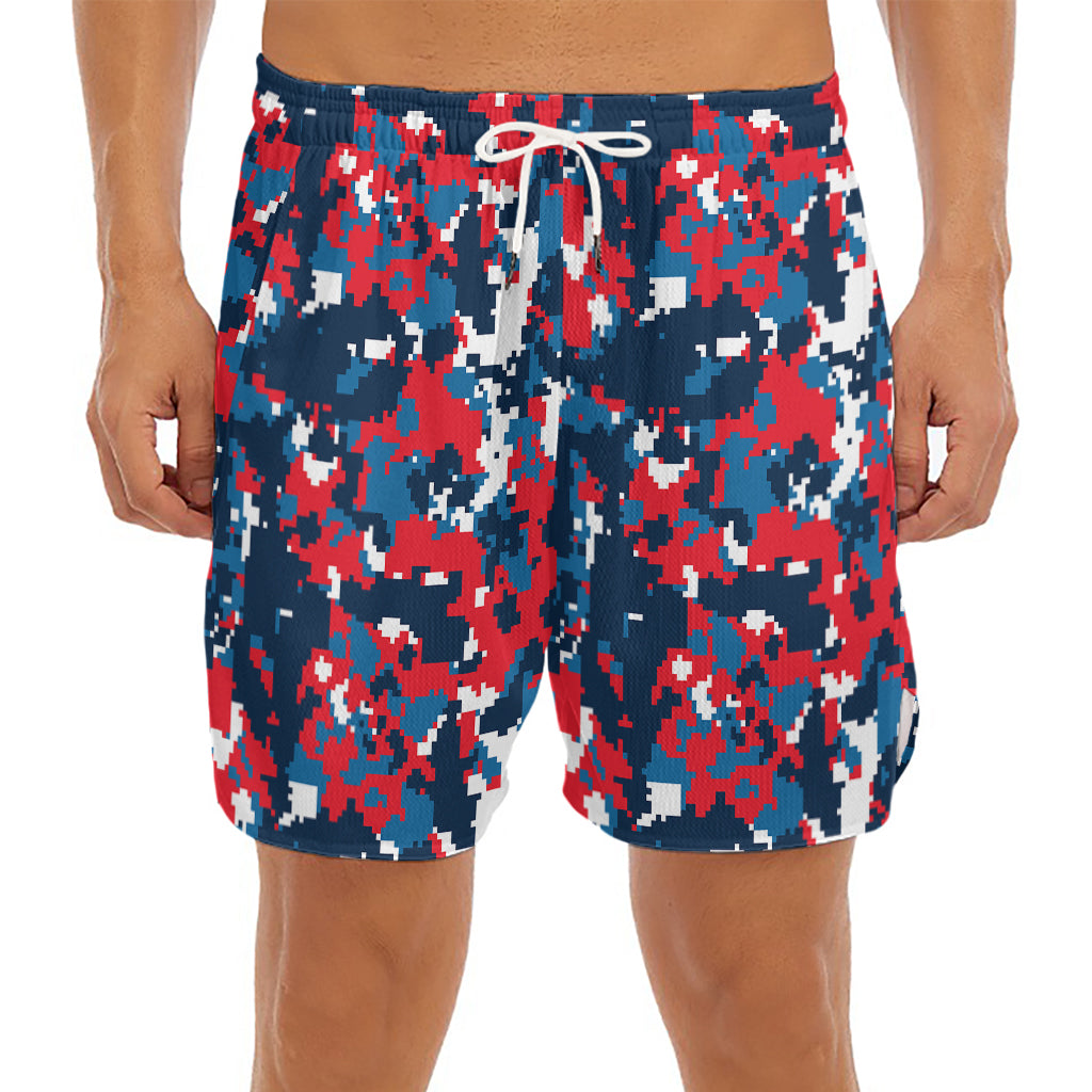 Blue Red And White Digital Camo Print Men's Split Running Shorts
