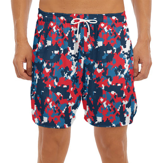 Blue Red And White Digital Camo Print Men's Split Running Shorts