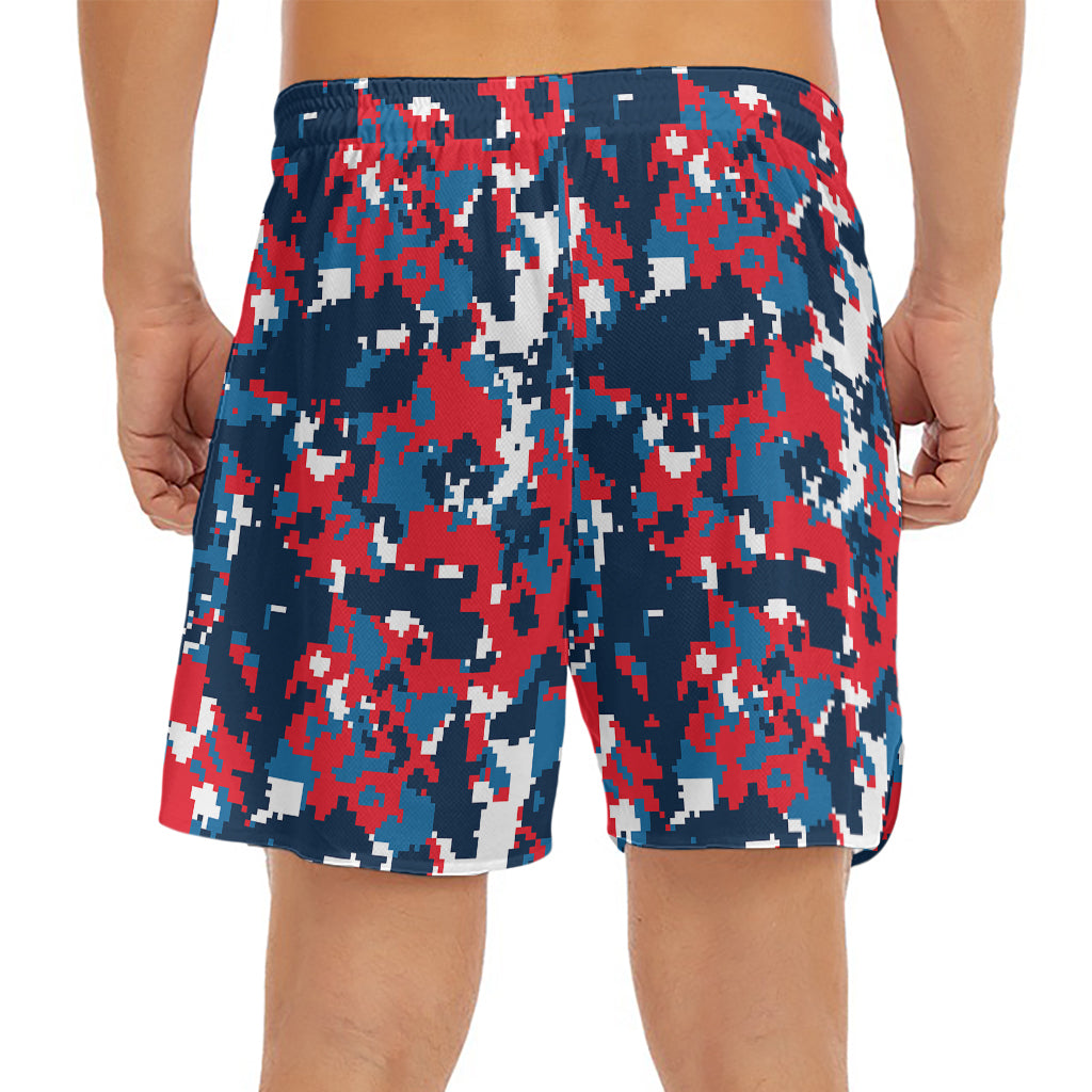 Blue Red And White Digital Camo Print Men's Split Running Shorts