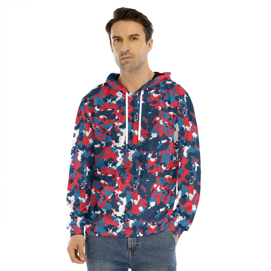 Blue Red And White Digital Camo Print Men's Velvet Pullover Hoodie