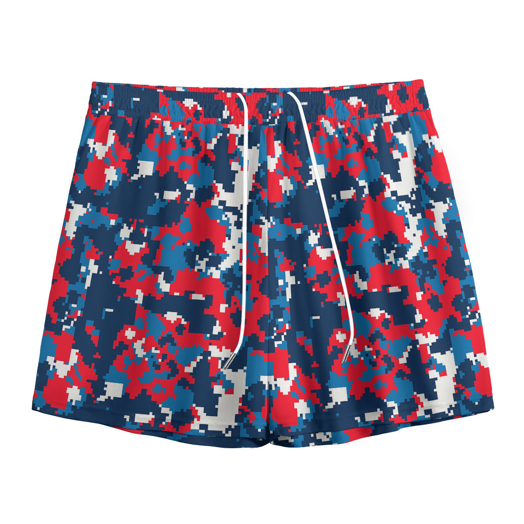 Blue Red And White Digital Camo Print Mesh Shorts