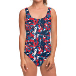 Blue Red And White Digital Camo Print One Piece Swimsuit