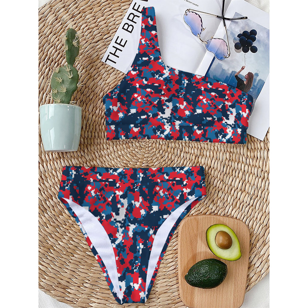 Blue Red And White Digital Camo Print One Shoulder Bikini Top