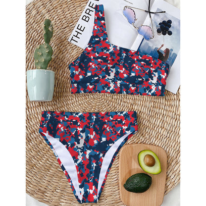 Blue Red And White Digital Camo Print One Shoulder Bikini Top