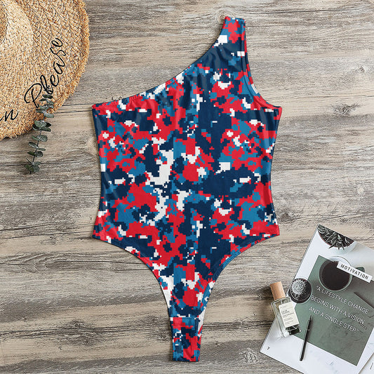 Blue Red And White Digital Camo Print One Shoulder Bodysuit