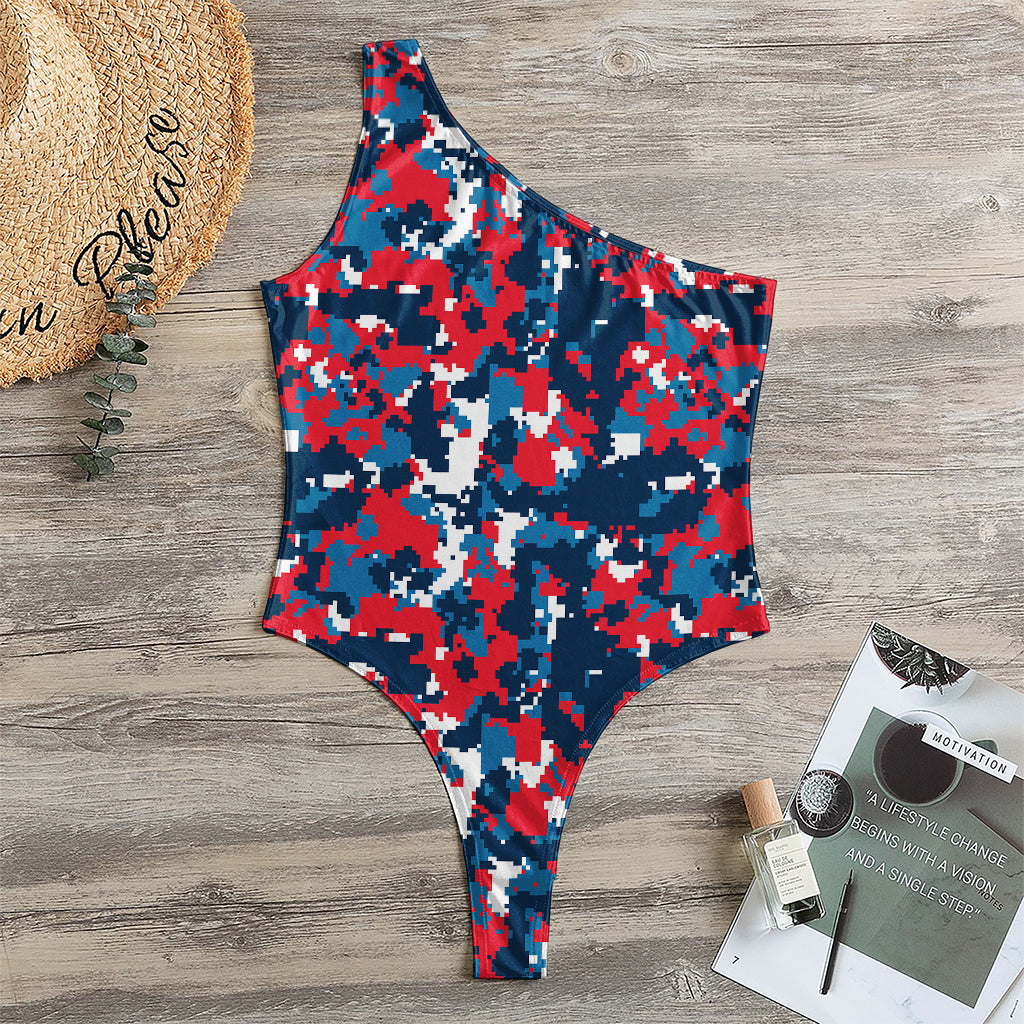 Blue Red And White Digital Camo Print One Shoulder Bodysuit