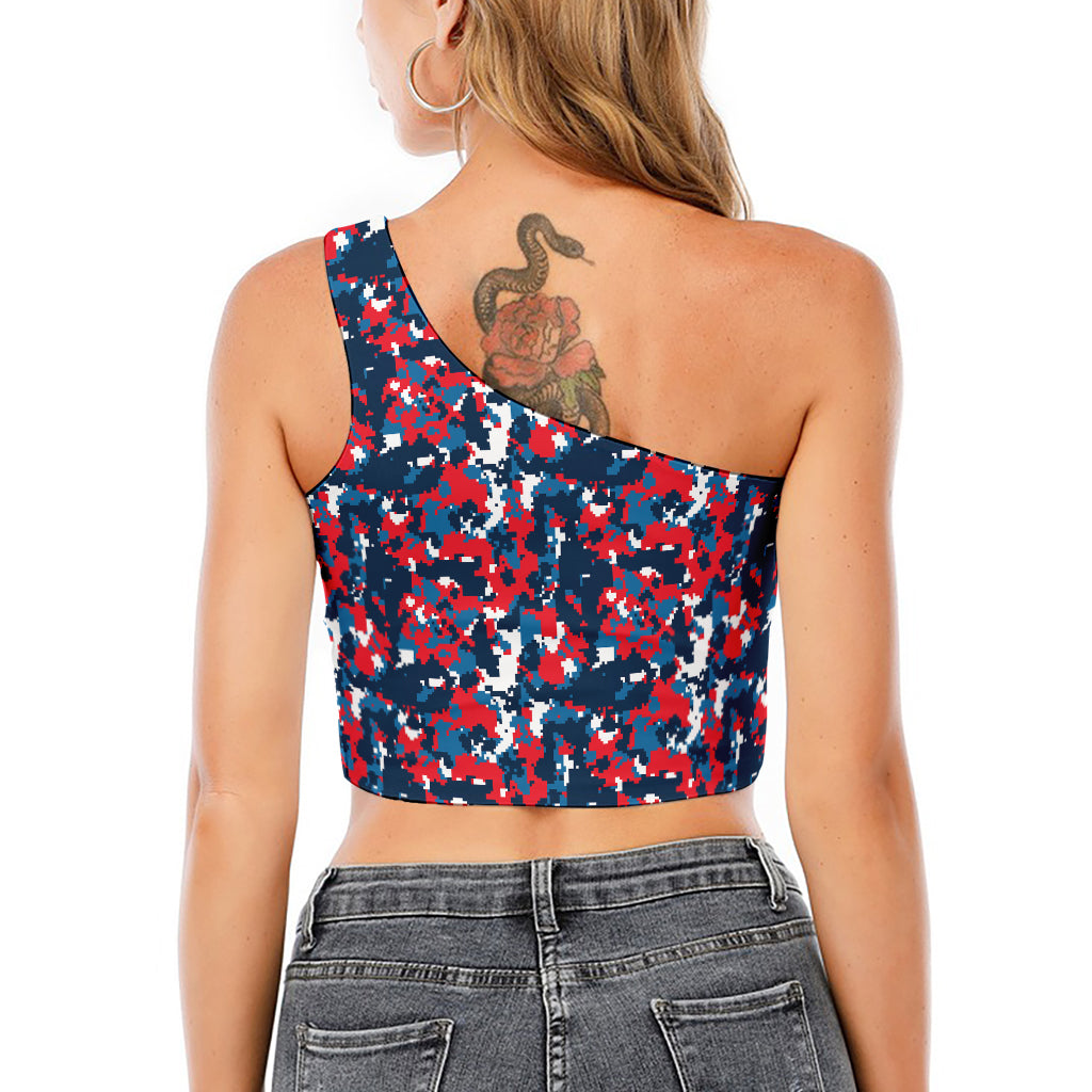 Blue Red And White Digital Camo Print One Shoulder Crop Top