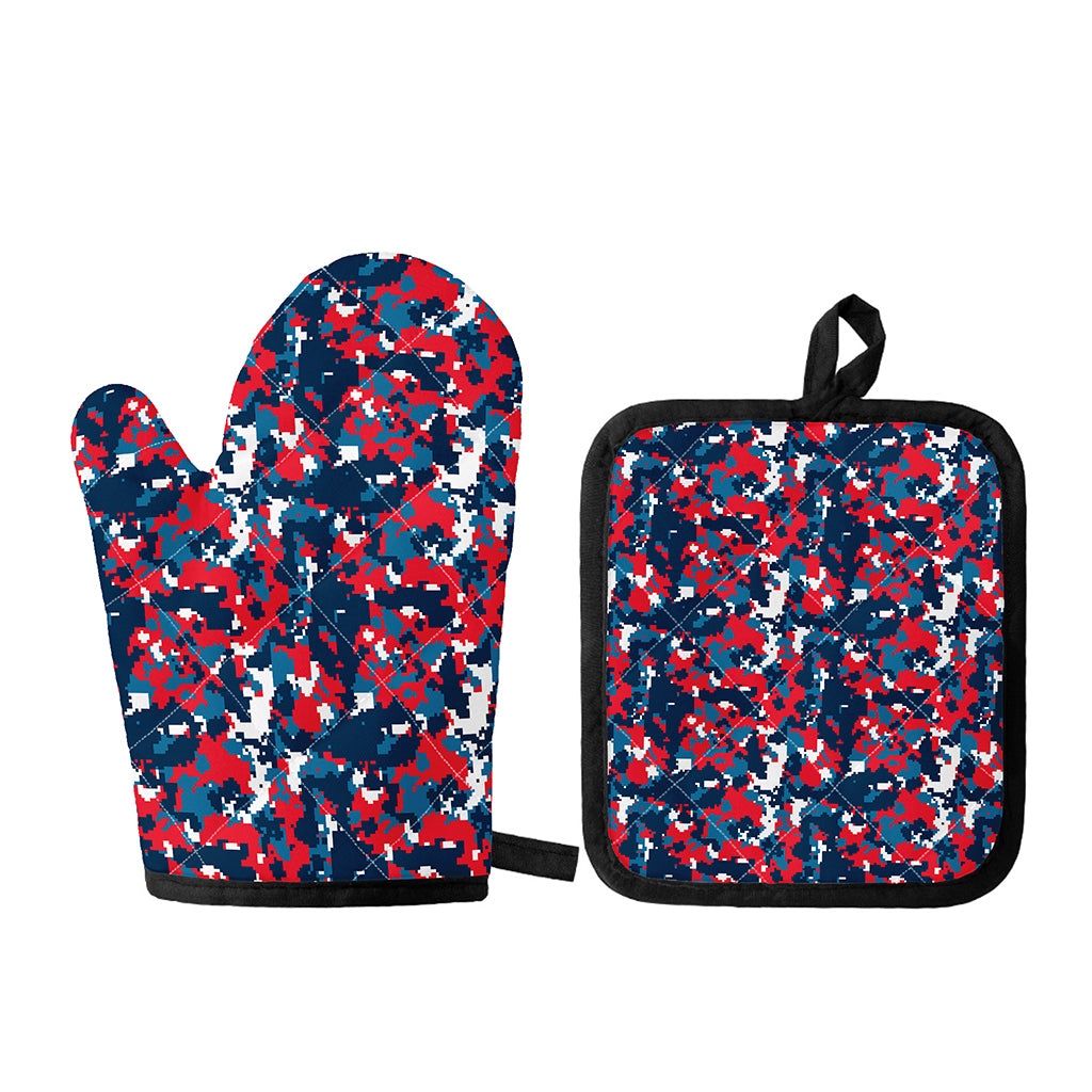 Blue Red And White Digital Camo Print Oven Mitt And Pot Holder Set