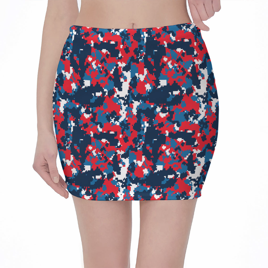 Blue Red And White Digital Camo Print Pencil Mini Skirt