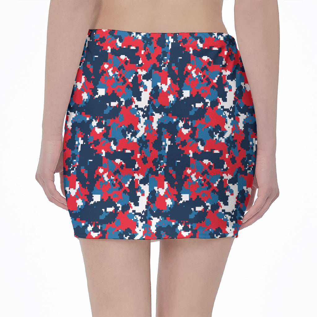 Blue Red And White Digital Camo Print Pencil Mini Skirt