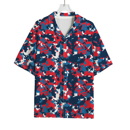 Blue Red And White Digital Camo Print Rayon Hawaiian Shirt
