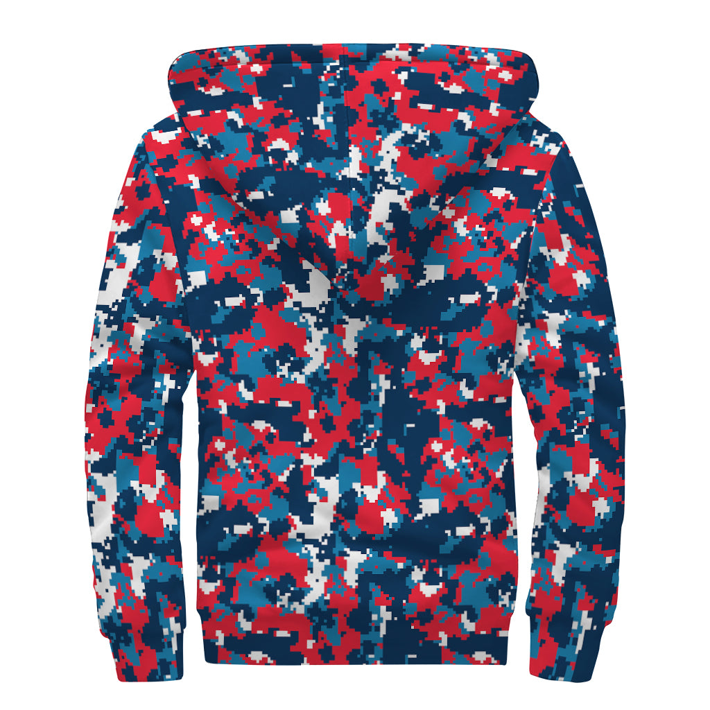 Blue Red And White Digital Camo Print Sherpa Lined Zip Up Hoodie