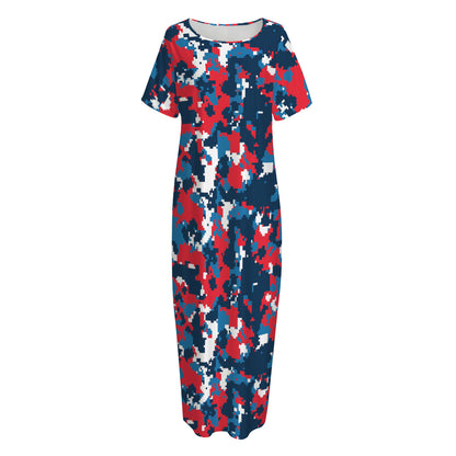 Blue Red And White Digital Camo Print Short Sleeve Long Nightdress