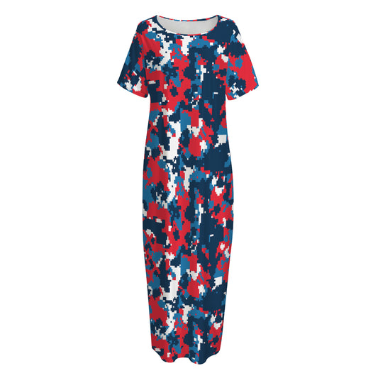 Blue Red And White Digital Camo Print Short Sleeve Long Nightdress