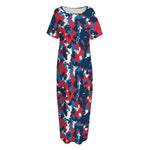 Blue Red And White Digital Camo Print Short Sleeve Long Nightdress