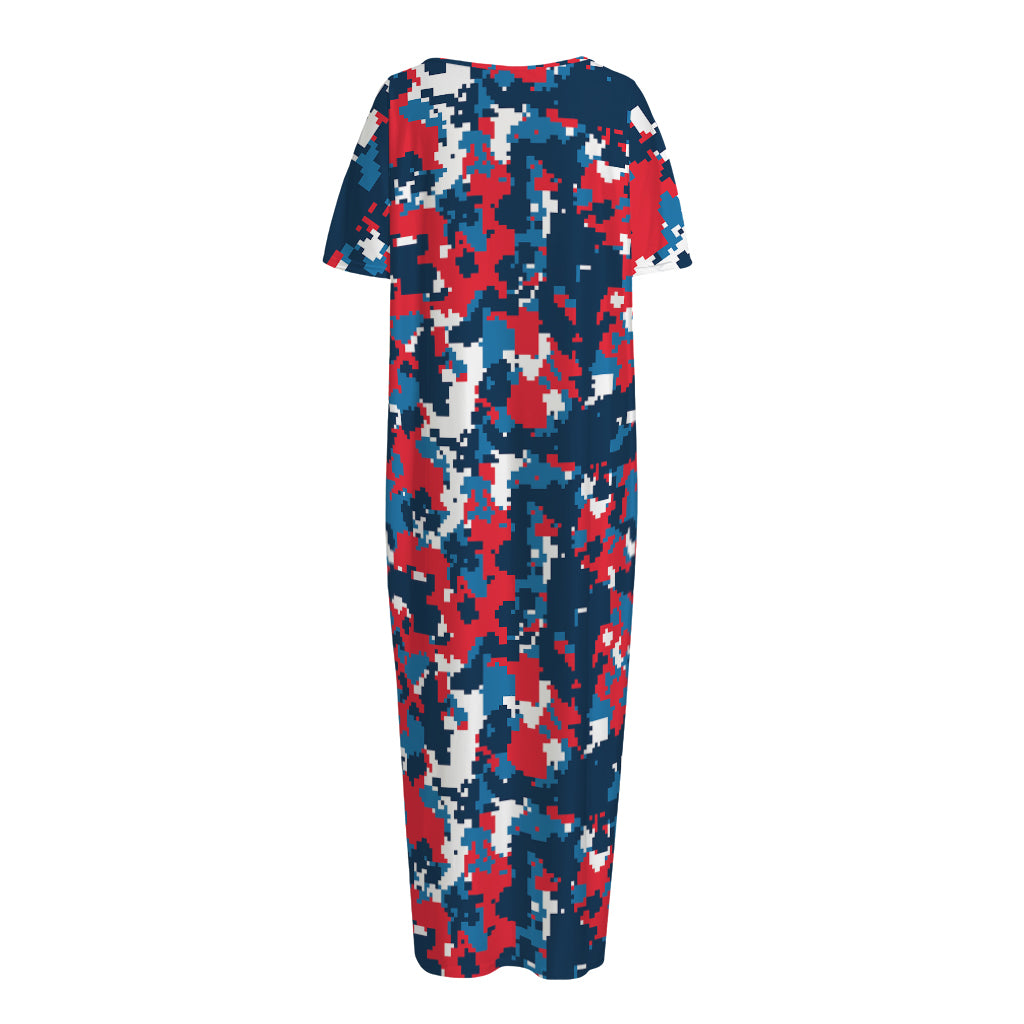 Blue Red And White Digital Camo Print Short Sleeve Long Nightdress