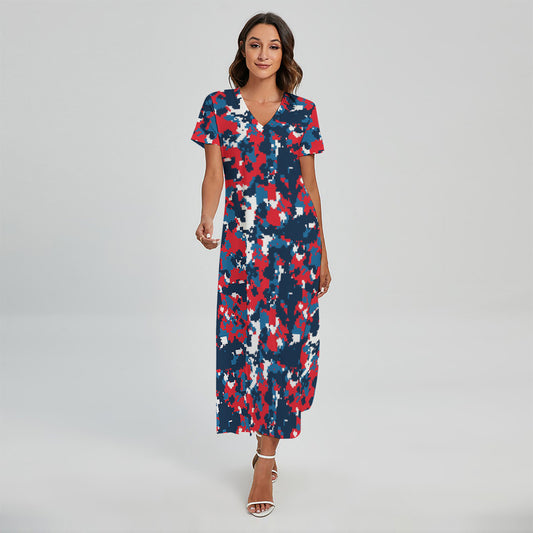 Blue Red And White Digital Camo Print Short Sleeve Maxi Dress