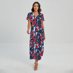 Blue Red And White Digital Camo Print Short Sleeve Maxi Dress