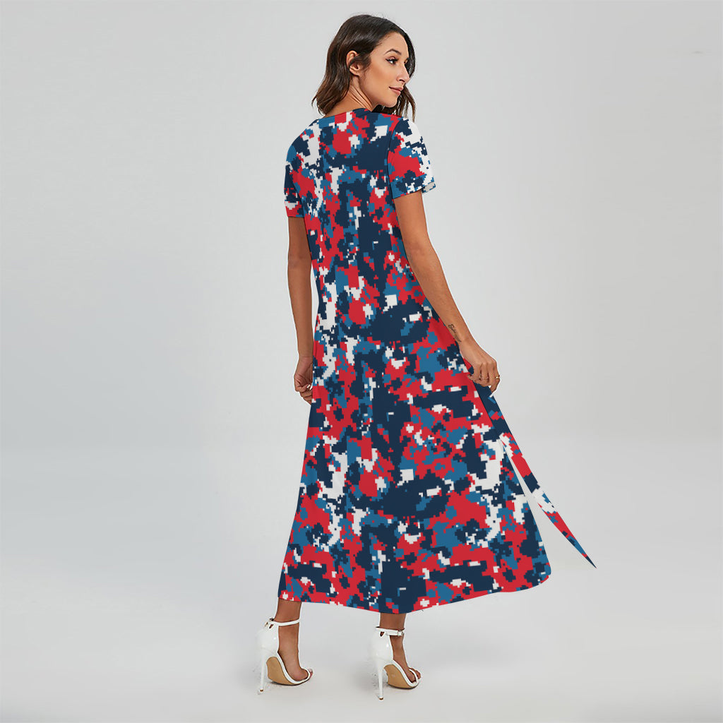 Blue Red And White Digital Camo Print Short Sleeve Maxi Dress