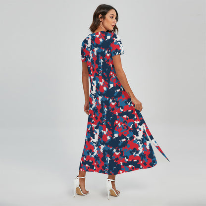 Blue Red And White Digital Camo Print Short Sleeve Maxi Dress
