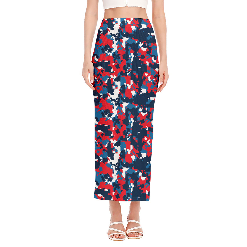 Blue Red And White Digital Camo Print Side Slit Maxi Skirt