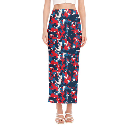 Blue Red And White Digital Camo Print Side Slit Maxi Skirt