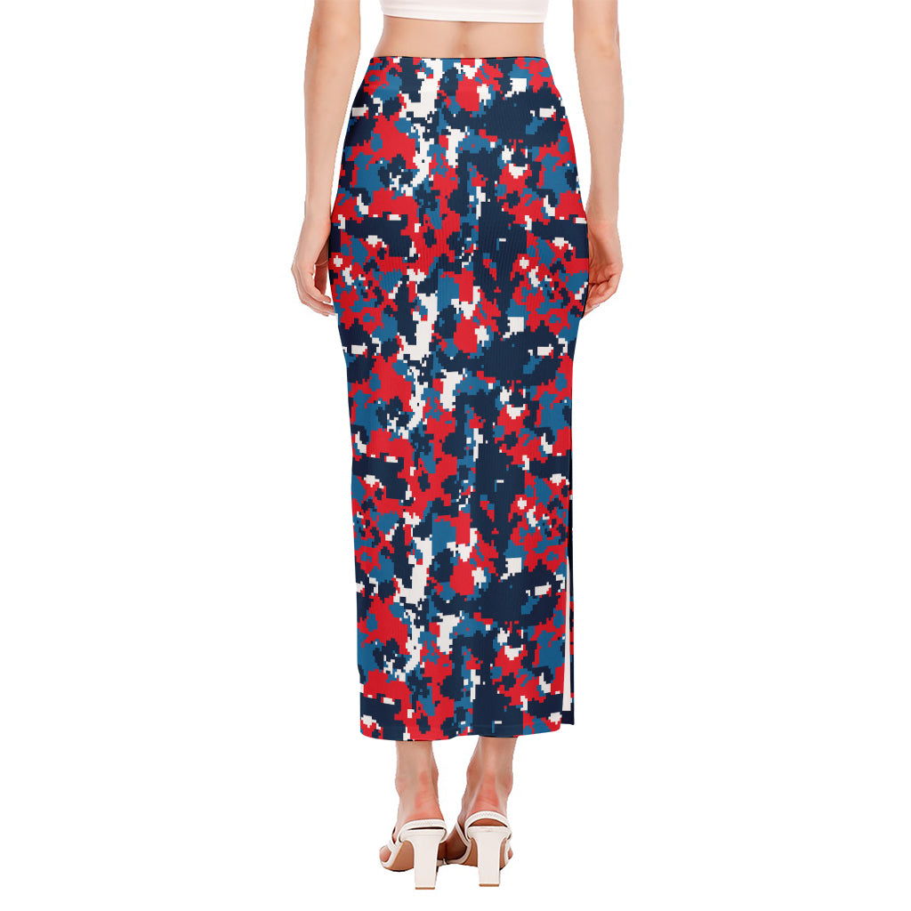 Blue Red And White Digital Camo Print Side Slit Maxi Skirt