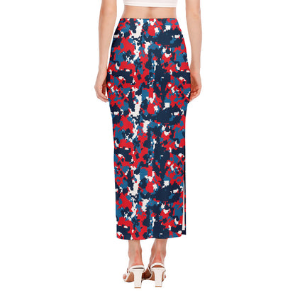 Blue Red And White Digital Camo Print Side Slit Maxi Skirt